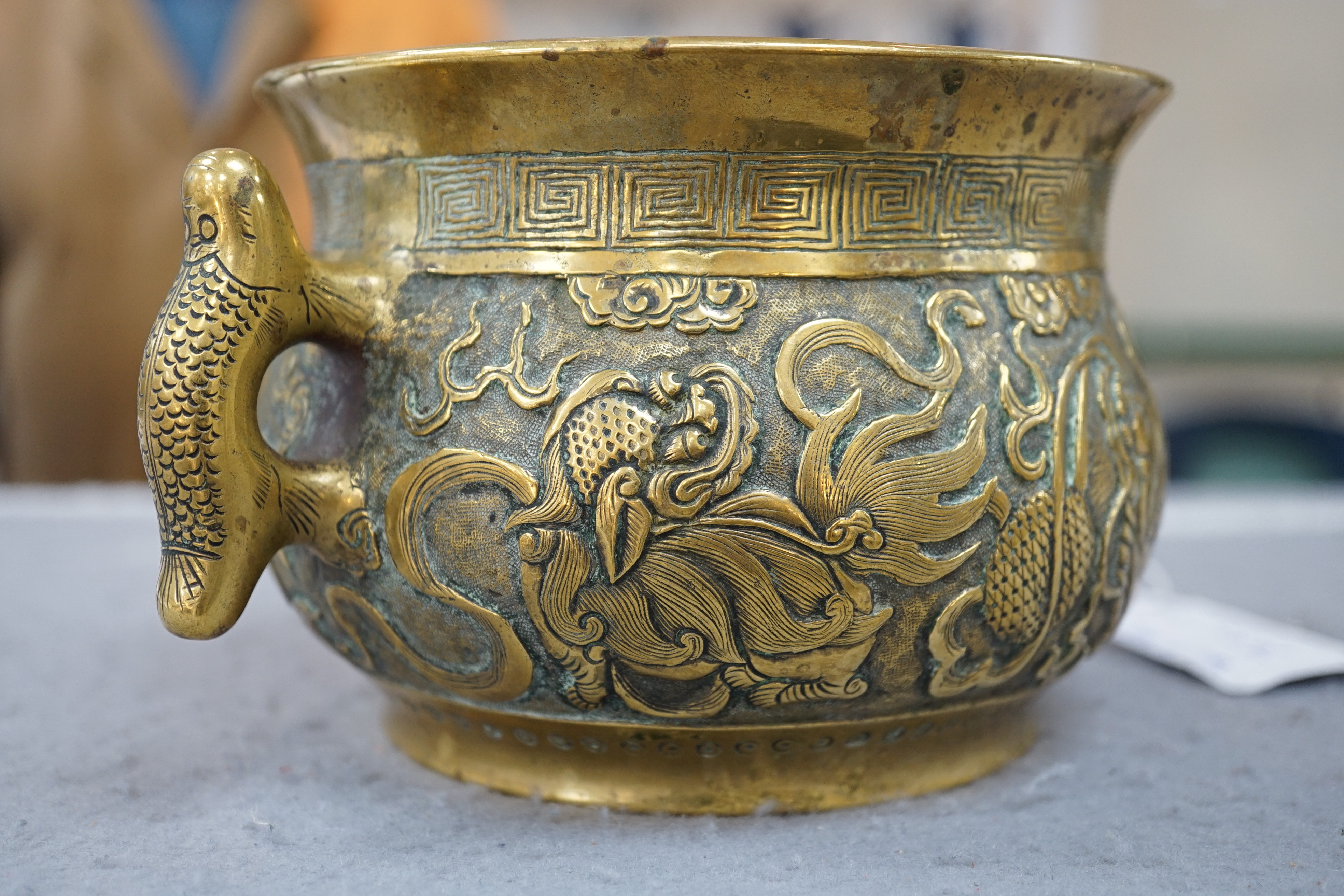 A Chinese polished bronze ‘Buddhist lion’ censer, gui, 19th century, 19.5cm wide, rim diameter 14cm